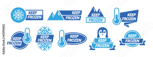 Set Of Frozen Product Labels Featuring Keep Frozen Badges For Packages, Refrigerator And Freezer Storage, Vector Icons