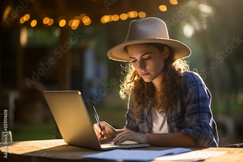Female freelancer sitting and working on a laptop in a cafe by the river