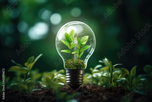 Renewable energy light bulb in forest with green energy, Earth Day or World Environment Day concept.