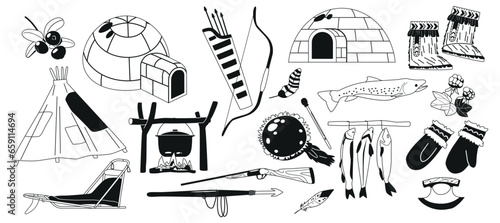 Set of Inuit Items and Traditional Tools. Black and White Igloo, Gloves, Mukluks, Ulu, And Harpoon. Sled, Tambourine