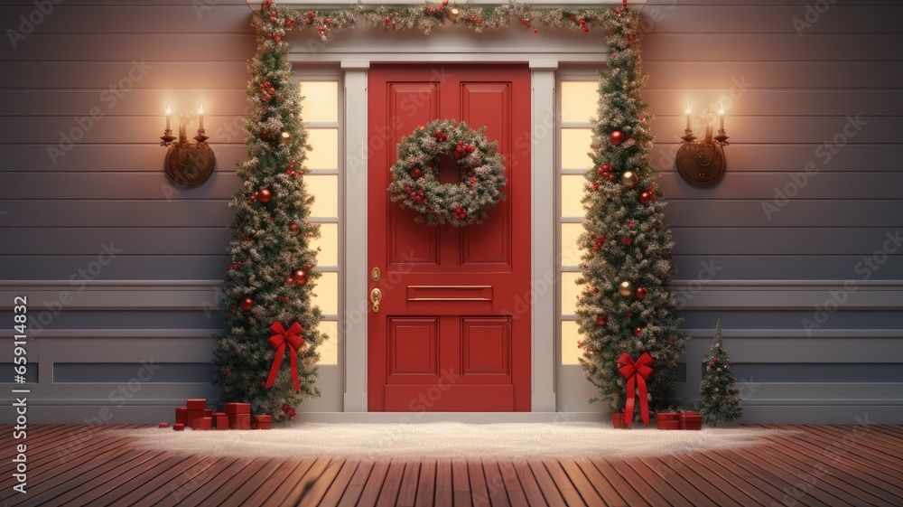 house and fir tree, elegantly decorated home porch with a Christmas wreath on the door, perfect canvas for announcing holiday events, wishes or messages. house and fir tree, elegantly decorated home porch with a Christmas wreath on the door, perfect canvas for announcing holiday events, wishes or messages.