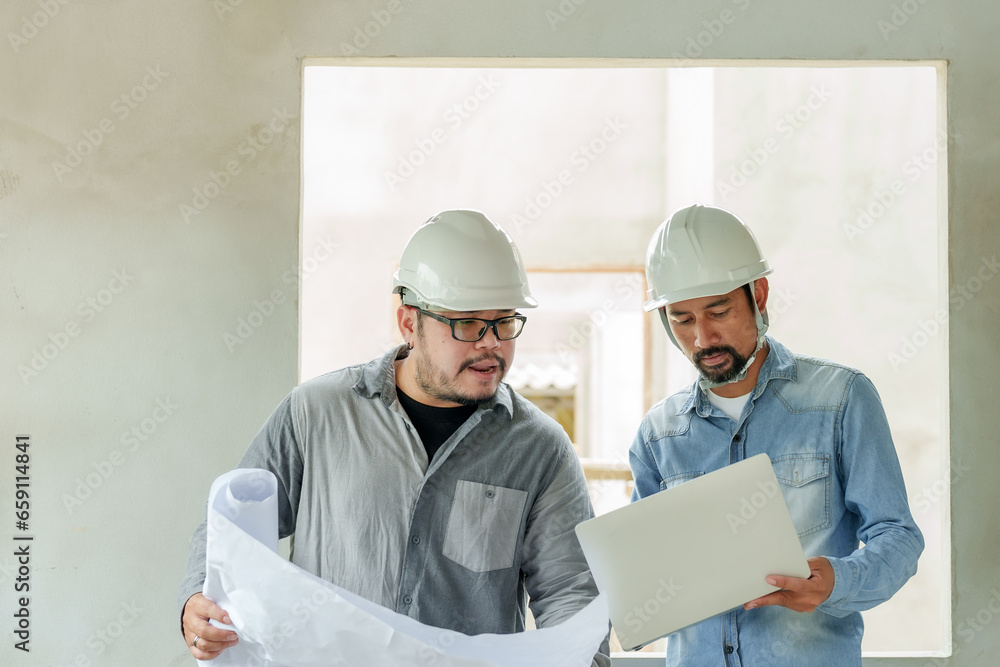 Male construction engineer, standing talking with builder while holding paper plan, standing order work talk about building small rental house that customer wants. Male construction engineer, standing talking with builder while holding paper plan, standing order work talk about building small rental house that customer wants.