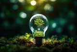 Renewable energy light bulb in forest with green energy, Earth Day or World Environment Day concept.