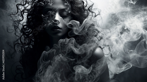 mysterious woman in smoke with beautiful hair portrait, monochrome style high fashion model