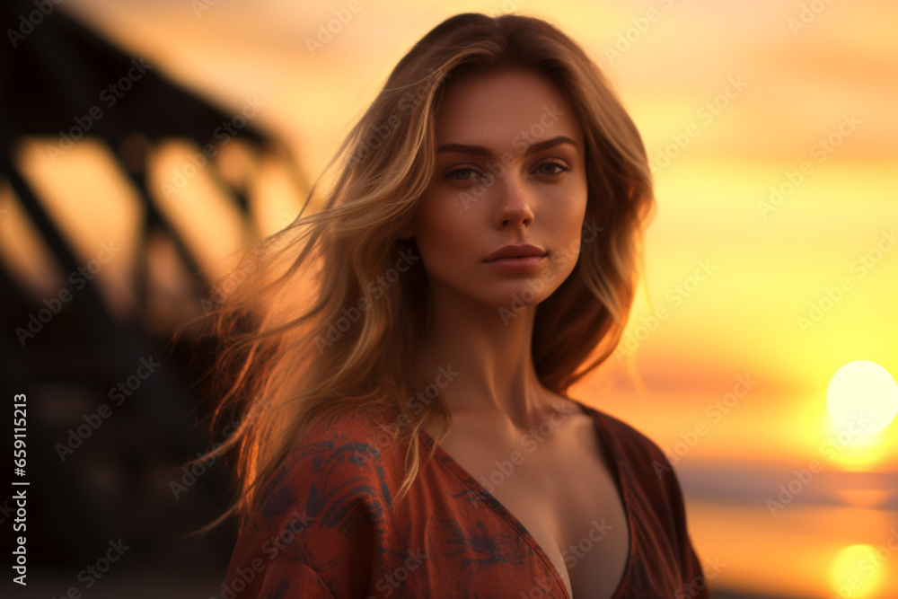 Beautiful woman standing and looking at the sky at the seaside Beautiful woman standing and looking at the sky at the seaside