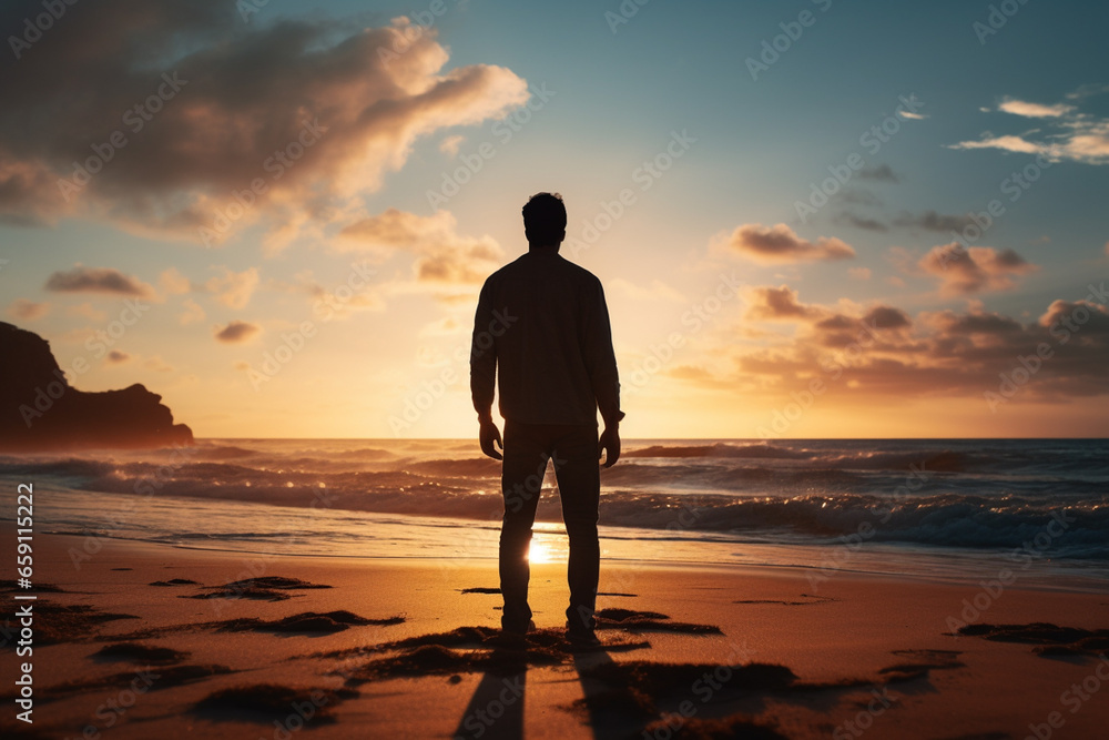 a man standing and looking at the sky at the seaside