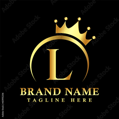 L letter logo design with golden crown vector.
