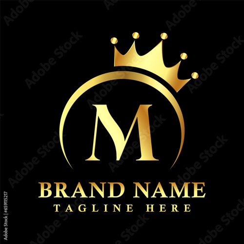 M letter logo design with golden crown vector.