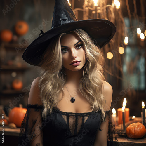 Sexy Female Halloween Witch Low Cut Dress Caucasian