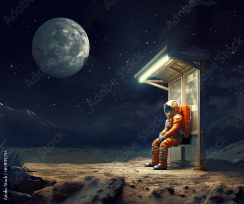 Astronaut in full space gear sits at a bus stop at night waiting for a transport. Sci fi concept photo