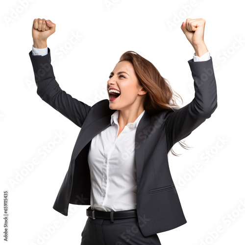 Successful business woman celebrating a victory, isolated
