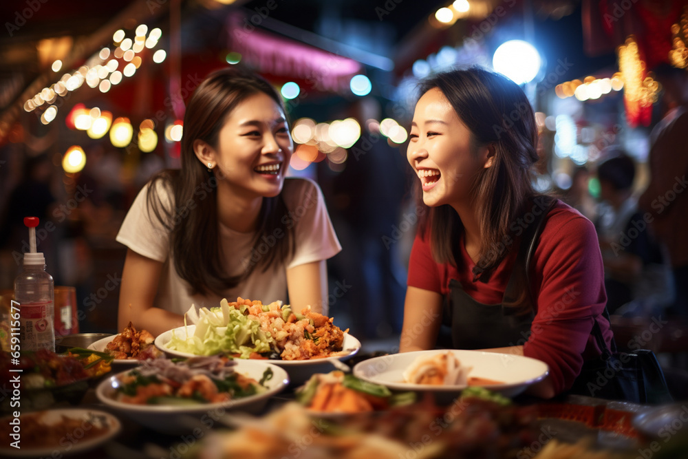 Group of young female friends eating happily at a street food market Group of young female friends eating happily at a street food market