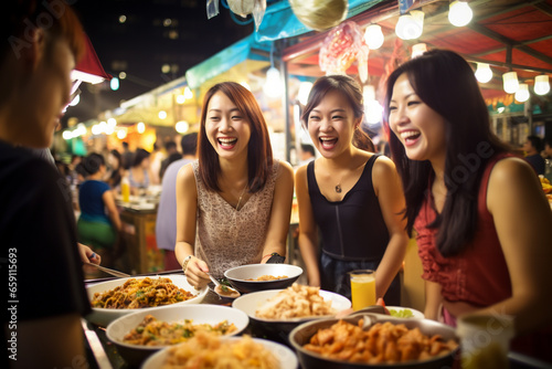Group of young female friends eating happily at a street food market