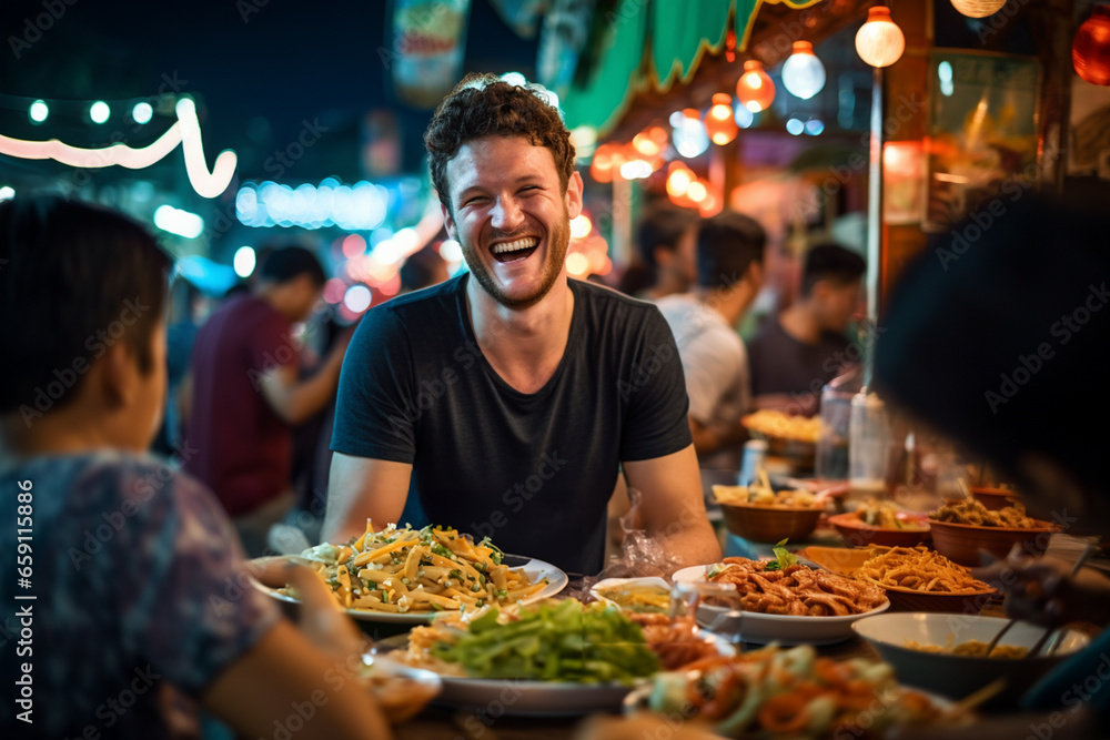 A man eating happily at a street food market A man eating happily at a street food market