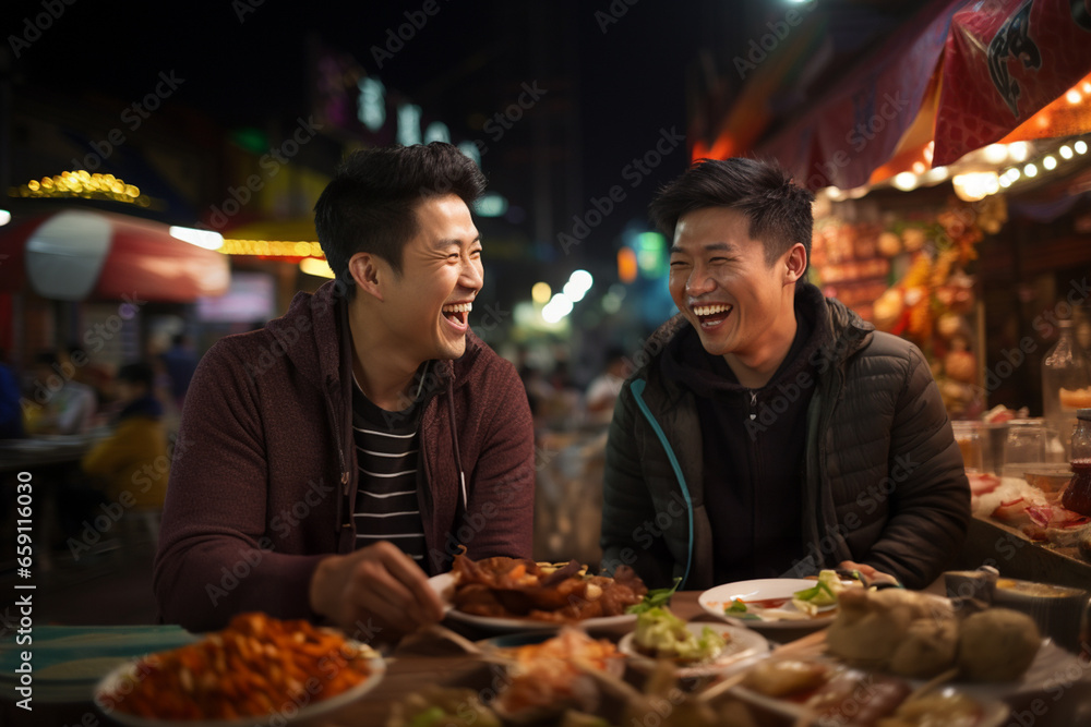 Group of young male friends eating happily at a street food market