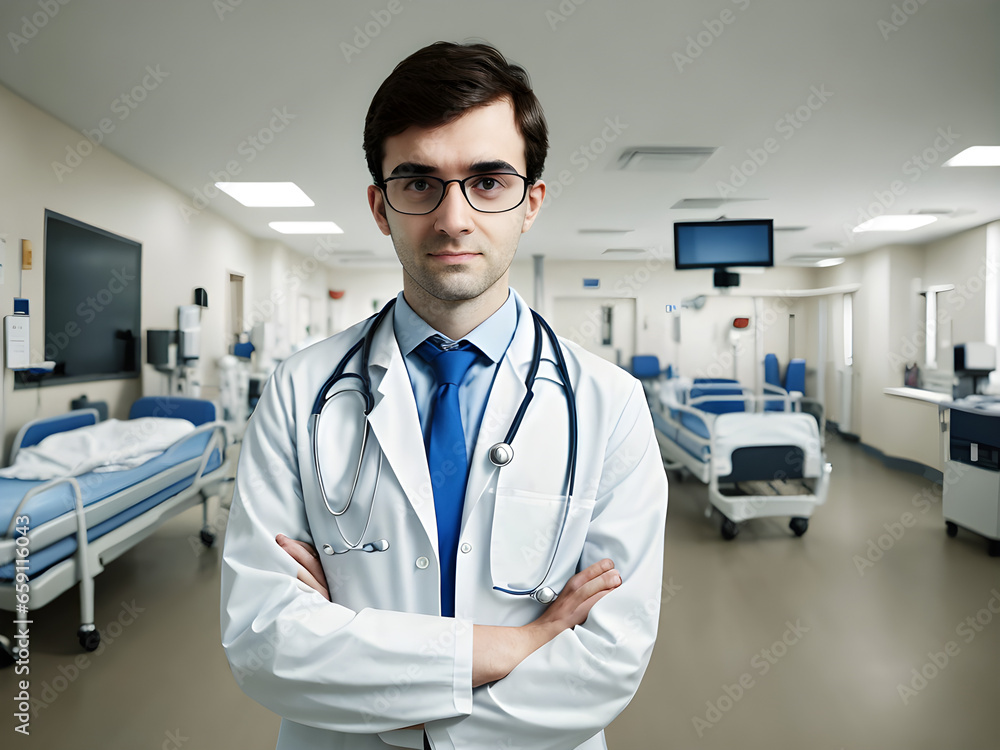 young serious looking doctor wearing glasses standing on a hospital background, science concept, generative ai young serious looking doctor wearing glasses standing on a hospital background, science concept, generative ai