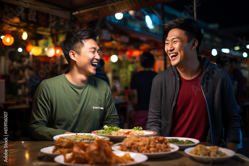 Group of young male friends eating happily at a street food market