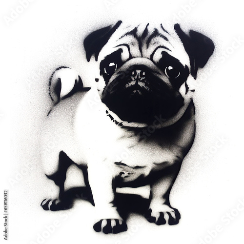 pug graffiti stencil-art sprayed in black over white, generative ai
