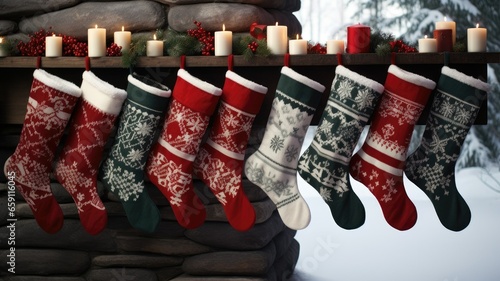 a set of Christmas stockings, each featuring a monodesign pattern or color scheme. the beauty and uniformity of these stockings as they hang by the fireplace.