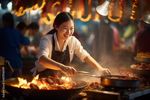 Local female chef happily cooks at street food market