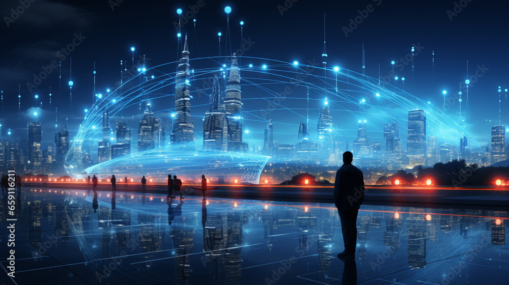 Connected future: Big data connection technology concept. The smart city and abstract dot connect with the gradient line and the Intricate aesthetic.