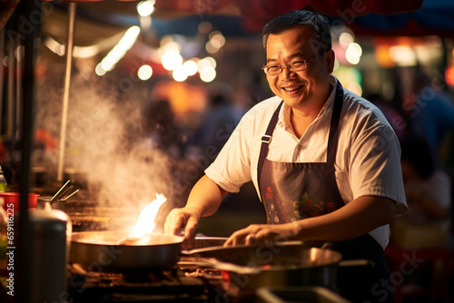 Local male chef happily cooks at street food market