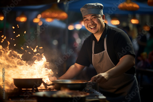 Local male chef happily cooks at street food market