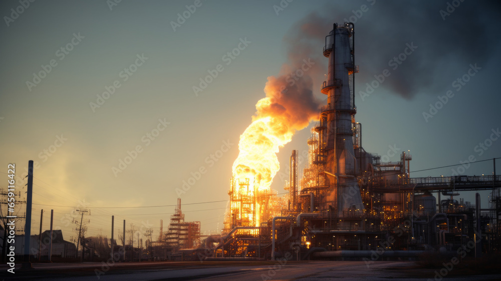 An oil refinery's towering flare stack, burning off excess gases safely