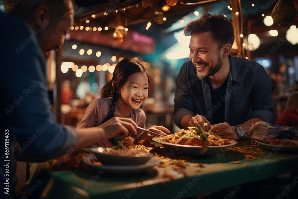 family eating Happily at the Street Food Market family eating Happily at the Street Food Market