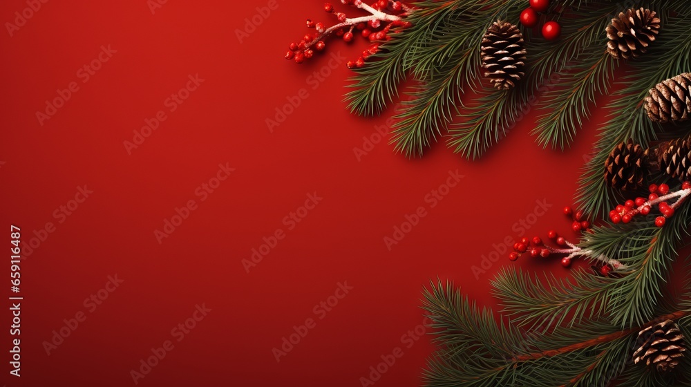 Christmas and New Year decoration red background Xmas decoration top view with space for text Christmas and New Year decoration red background Xmas decoration top view with space for text