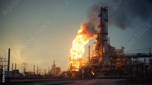 An oil refinery's towering flare stack, burning off excess gases safely