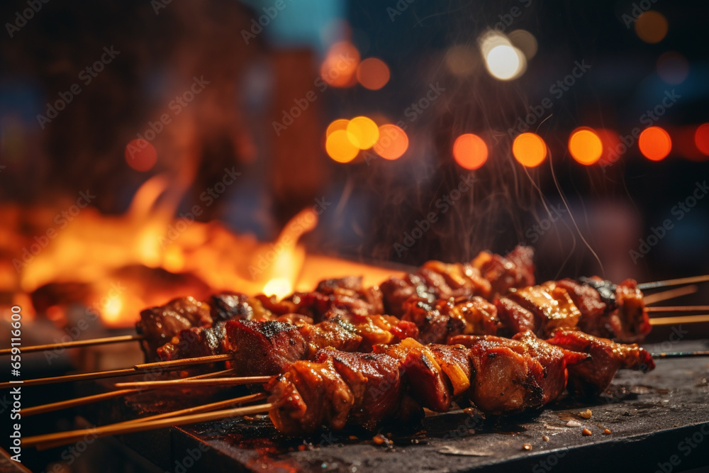 Delicious grilled beef or pork over a charcoal grill at the street food market - obrazy, fototapety, plakaty 