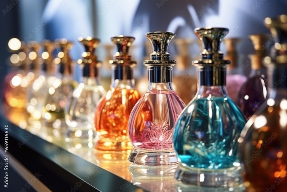 A row of perfume bottles sitting on top of a counter. Perfect for beauty and cosmetics themes. A row of perfume bottles sitting on top of a counter. Perfect for beauty and cosmetics themes.
