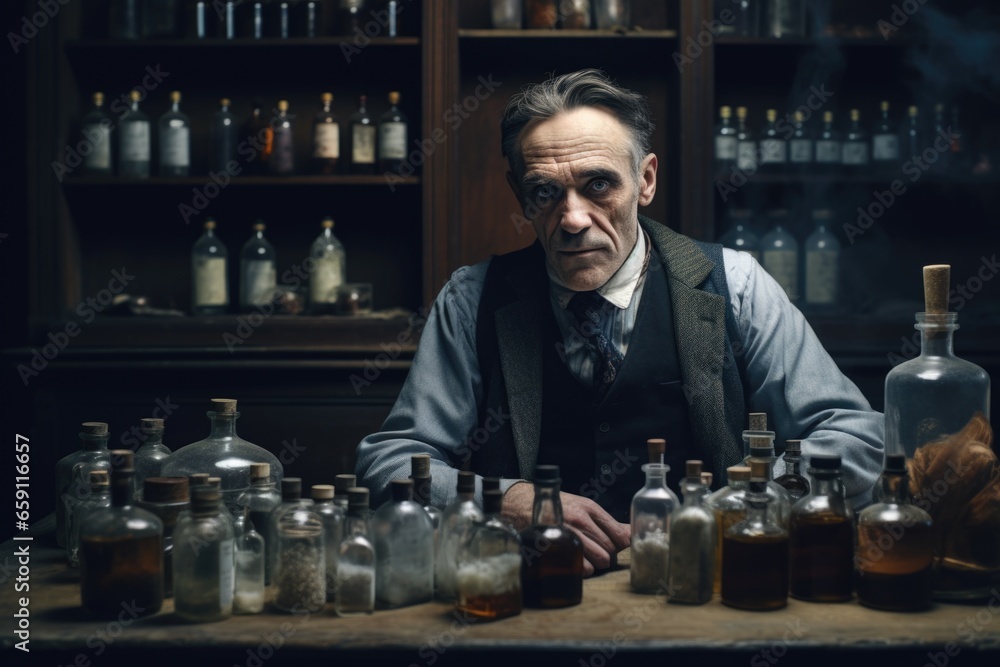 A man is seen sitting at a table with various bottles of alcohol. This image can be used to depict alcoholism, addiction, social drinking, or a bar scene. A man is seen sitting at a table with various bottles of alcohol. This image can be used to depict alcoholism, addiction, social drinking, or a bar scene.