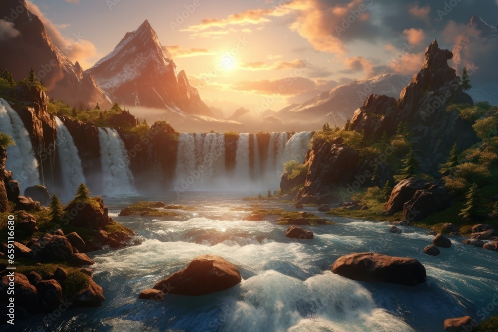 A breathtaking painting of a cascading waterfall in the midst of towering mountains. Perfect for adding a touch of nature's beauty to any space.