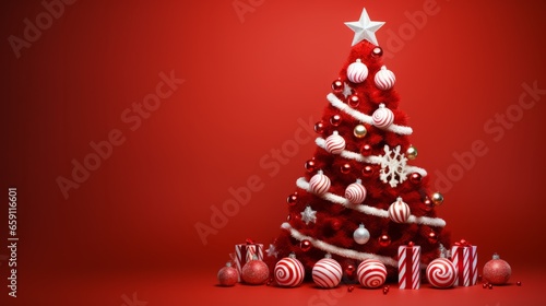 red Christmas tree with red and white balls, xmas background concept with advertising space for text photo