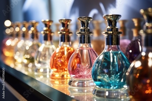 A row of perfume bottles sitting on top of a counter. Perfect for beauty and cosmetics themes.