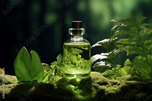 Bottle of perfume or nourishing cream set on a black natural style background