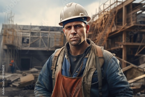 A construction worker standing in front of a building under construction. This image can be used to showcase the progress and work being done on a construction project.