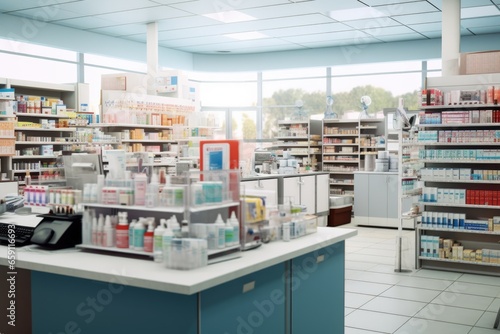 A picture of a pharmacy office with numerous shelves and displays. This image can be used to depict a well-stocked pharmacy or to illustrate the variety of products available in a pharmaceutical setti
