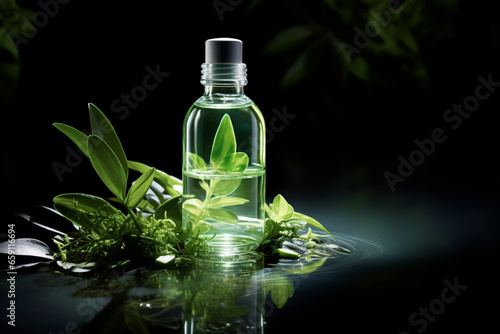 Bottle of perfume or nourishing cream set on a black natural style background
