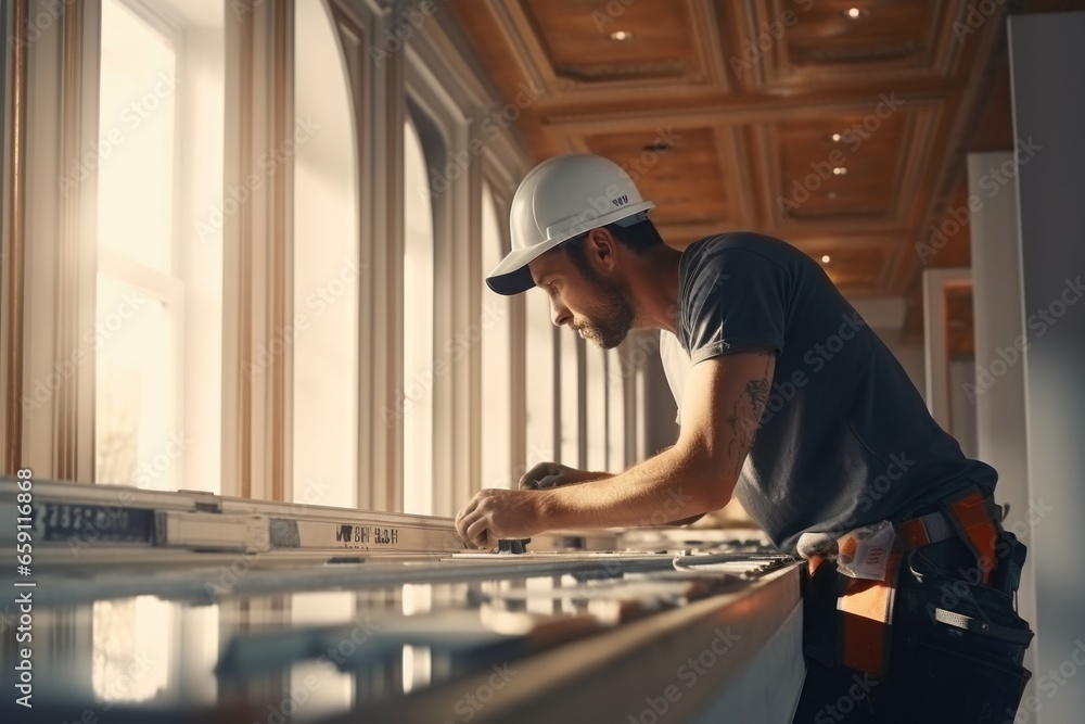 A man wearing a hard hat working on a construction project. This image can be used to represent construction, building, or renovation projects. A man wearing a hard hat working on a construction project. This image can be used to represent construction, building, or renovation projects.