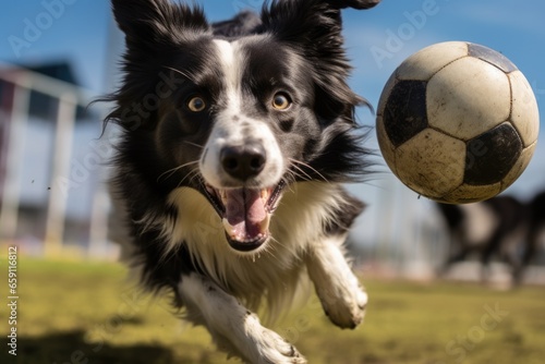 A black and white dog enthusiastically chasing a soccer ball. This picture can be used to showcase energy, playfulness, and the love for sports.