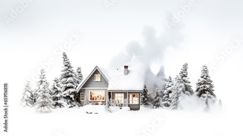 A cozy cottage covered in snow with smoke gently rising from the chimney.