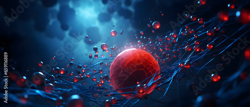 A blue and red ball is surrounded by red and blue spheres, virus concept