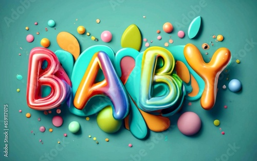 The inscription "Baby", on a light blue background. Convex cartoon bright font. Generative AI.