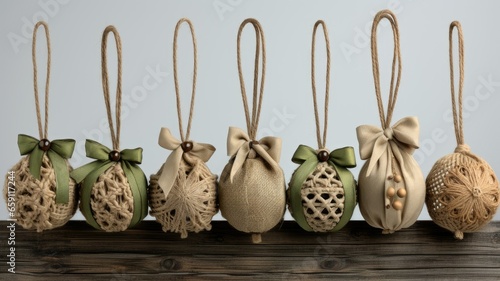 small burlap christmas ornaments with lace and ribbon, in the style of symmetrical asymmetry, aykut aydogdu, eye-catching, combining natural and man-made elements, festive atmosphere. photo