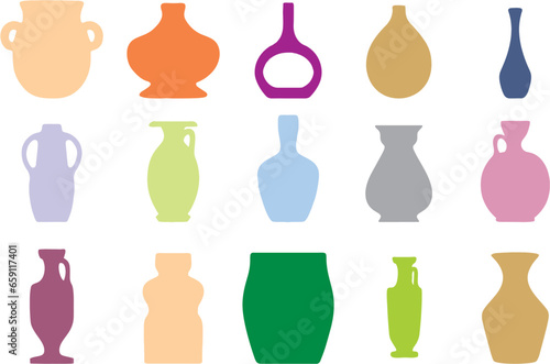 Colorful Greek Vases in editable format. Vector set silhouettes of ancient amphorae and vases of multiple shapes. Greece icon collection. Easy to change color or size. eps 10.