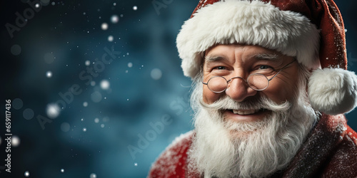 Happy smiling Santa Claus on a dark blue background with snowflakes © Volodymyr