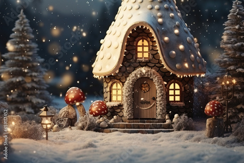 A small fairy-tale house with light in the windows in the forest on Christmas night. Generation AI